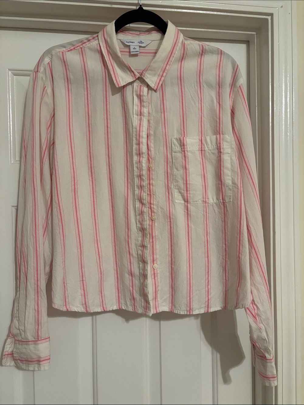 Old Navy White Cropped Shirt with Pink Stripes